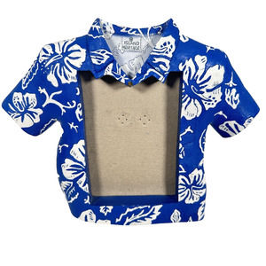 Island Heritage Hawaiian Aloha Shirt 3D Picture Frame Blue White Floral Tiki Q2